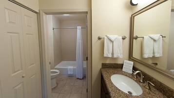 Hair dryer, towels, soap, shampoo