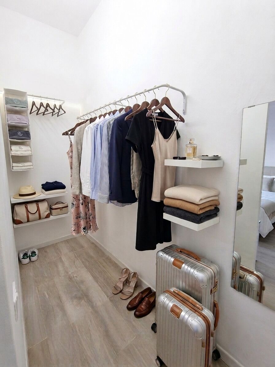 A compact room with a clothing rack, shelves with folded clothes, a suitcase, and a mirror.