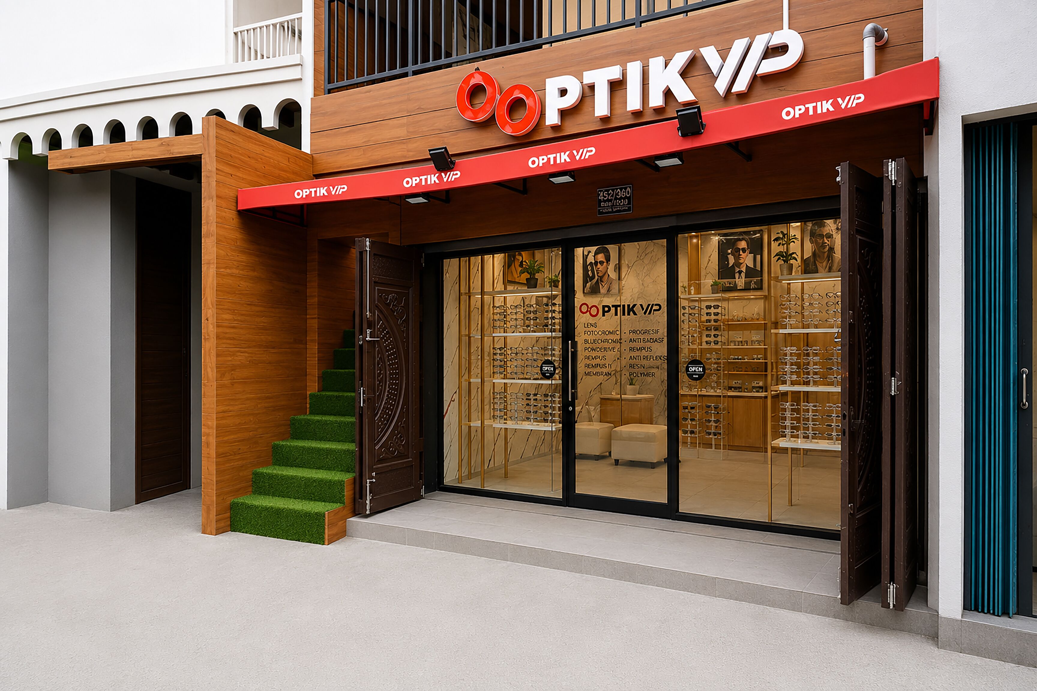 A storefront with a wooden facade and a sign that reads 'OPTIK VIP'.