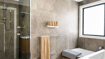 Shower, hair dryer, towels, soap