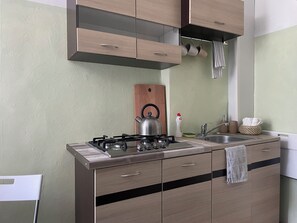 Una cocina moderna con estufa a gas, pileta de acero inoxidable y muebles de madera.