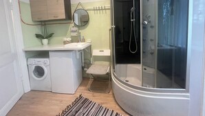 Baño compacto con lavadora, lavamanos, espejo, cabina de ducha y una pequeña planta en maceta.