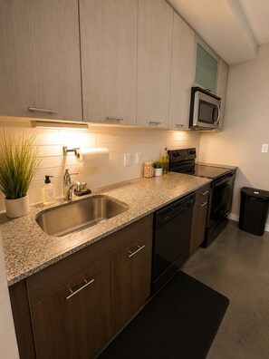 A modern kitchen with a granite countertop, stainless steel sink, and a built-in microwave. - Modern Midtown Condo (Atlanta)