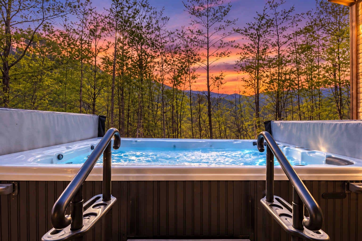 Private sunset hot tub with forest views for the ultimate mountain retreat