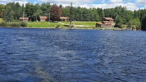 Une propriété au bord du lac comprenant plusieurs chalets, un quai et une forêt en arrière-plan.