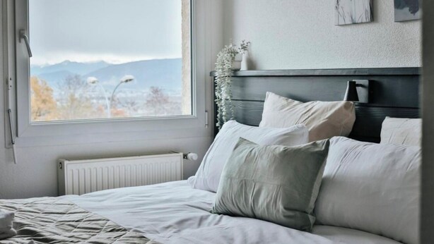 A bedroom with a bed, a window, a radiator, and a wall-mounted shelf with a vase. - Les Loges Du Leman (Crozet)