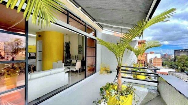 A modern interior with a yellow accent wall, a glass partition, and a balcony with a palm tree. - DUPLEX ROOF CHAPINERO ALTO (Bogotá)