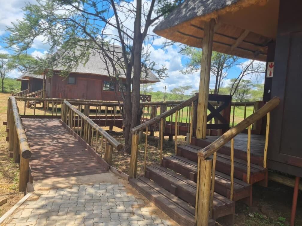 Una escalera de madera que lleva a un espacio cubierto con vistas a un edificio y árboles.