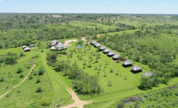 A series of dome-shaped huts arranged in a line, surrounded by green fields and trees, with a clear sky above.