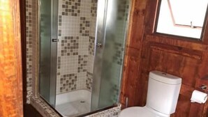 Un baño con ducha de vidrio, inodoro y ventana.