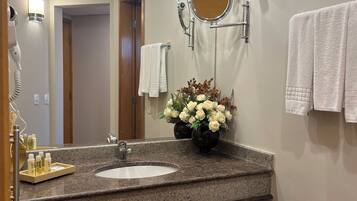 Hair dryer, bidet, towels, soap