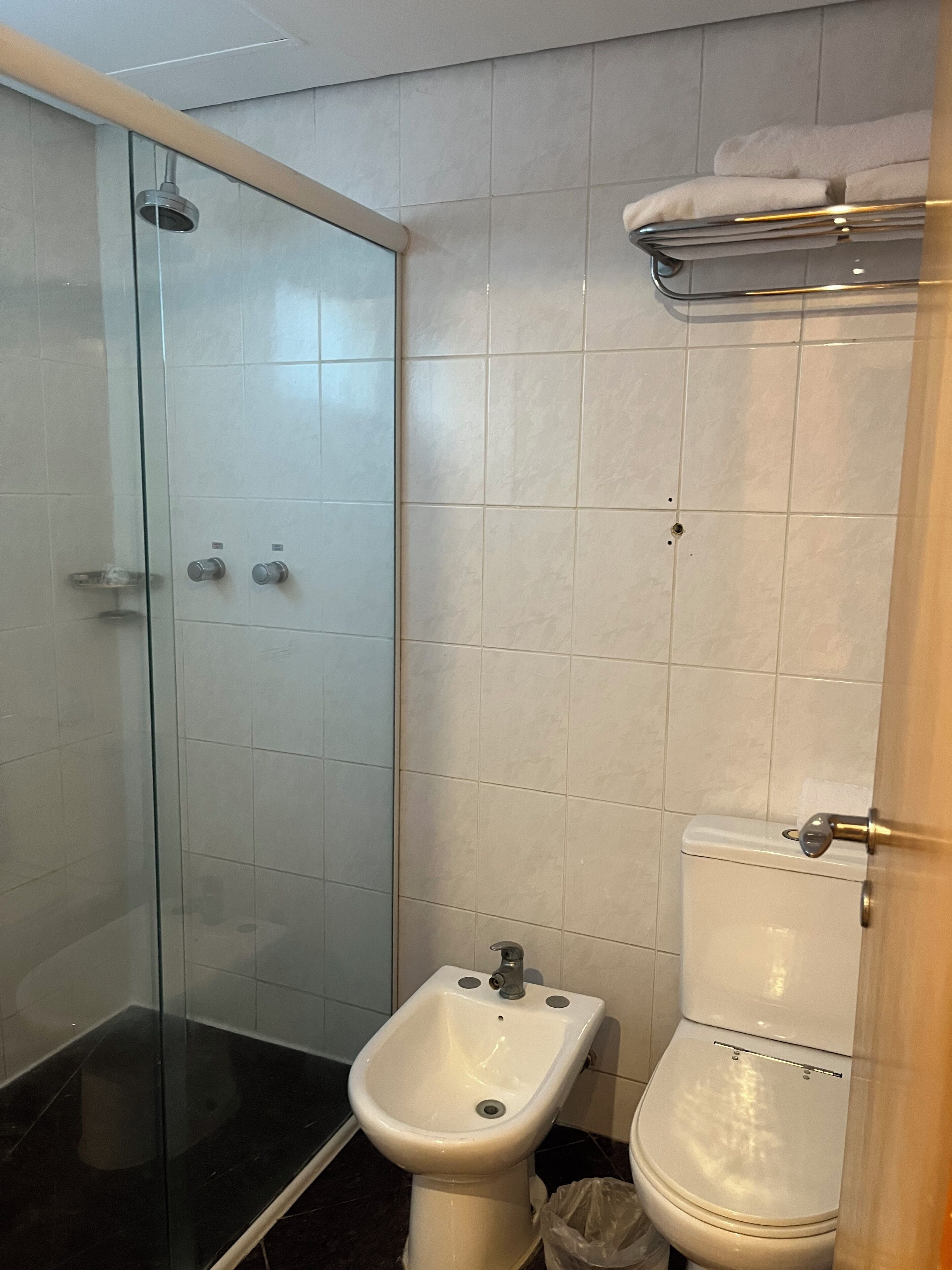 Secador de cabelo, bidê, toalhas de banho, sabonete