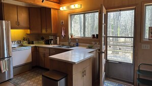 Eine Küche mit Holzausstattung, einem Edelstahlkühlschrank, einer Spüle und einem Fenster mit Blick auf ein bewaldetes Gebiet.