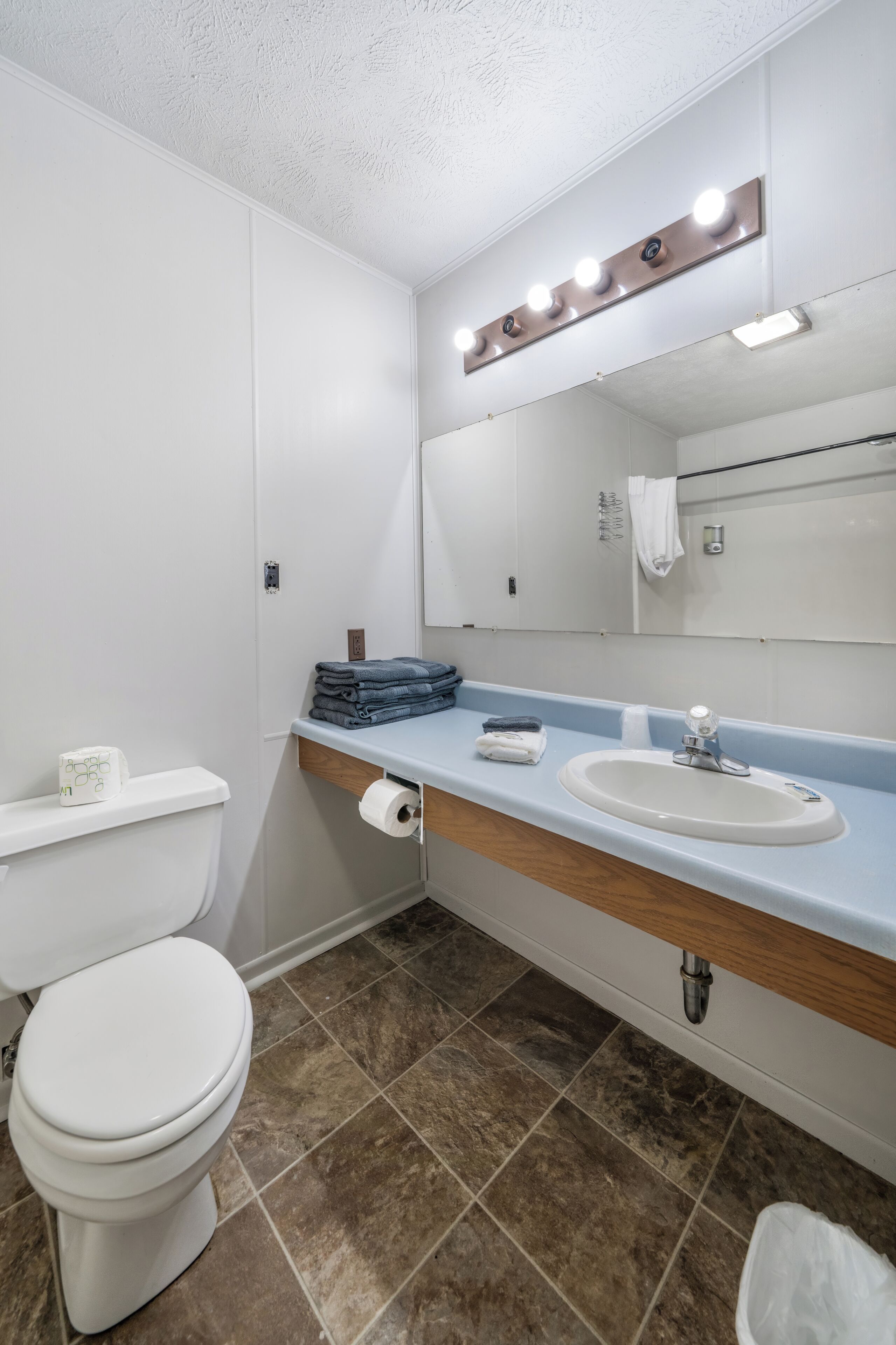 A bathroom with a toilet, sink, mirror, and towel rack.