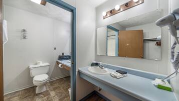 A bathroom with a toilet, sink, and mirror.