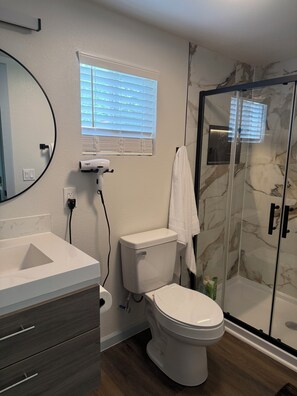 Shower, hair dryer, towels, soap