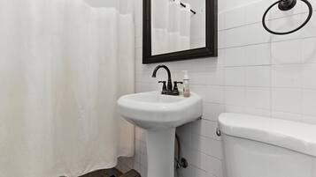 Shower, hair dryer, towels, shampoo