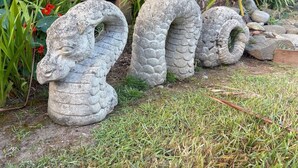 Drie stenen beelden die een draakshoofd voorstellen, in een tuin.