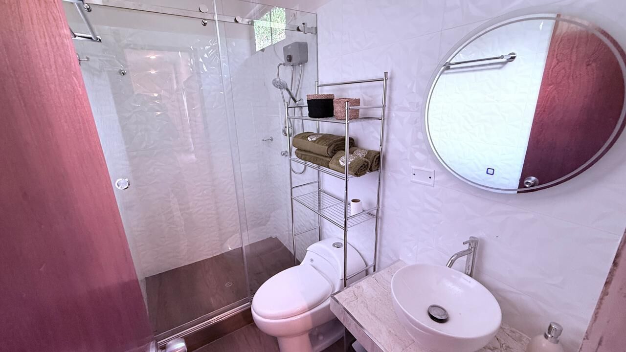 Shower, towels, soap, toilet paper