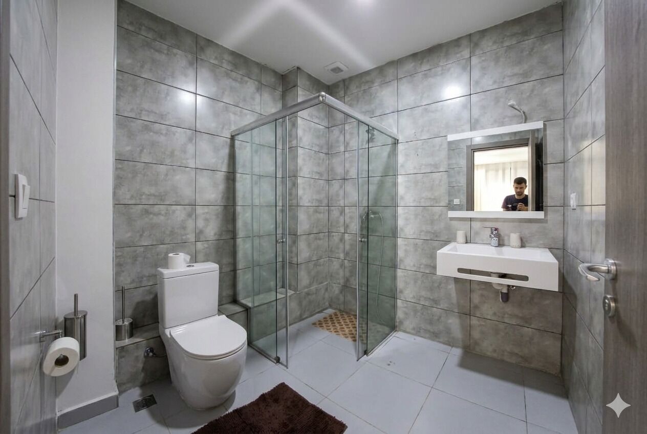 Chuveiro, secador de cabelo, toalhas de banho, sabonete