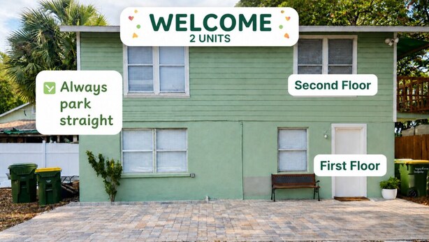 A two-unit house with a green exterior, a paved driveway, and a bench on the first floor. - Downtown Sarasota Rental, 2 Units,4 Bedrooms,3 Baths, Sleeps 10, Lido Beach 6min (Sarasota)
