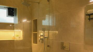 Bidet, towels, soap, toilet paper