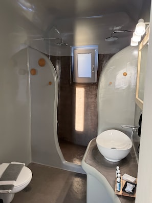 A bathroom with a white sink, a toilet, a shower, and a small window.
