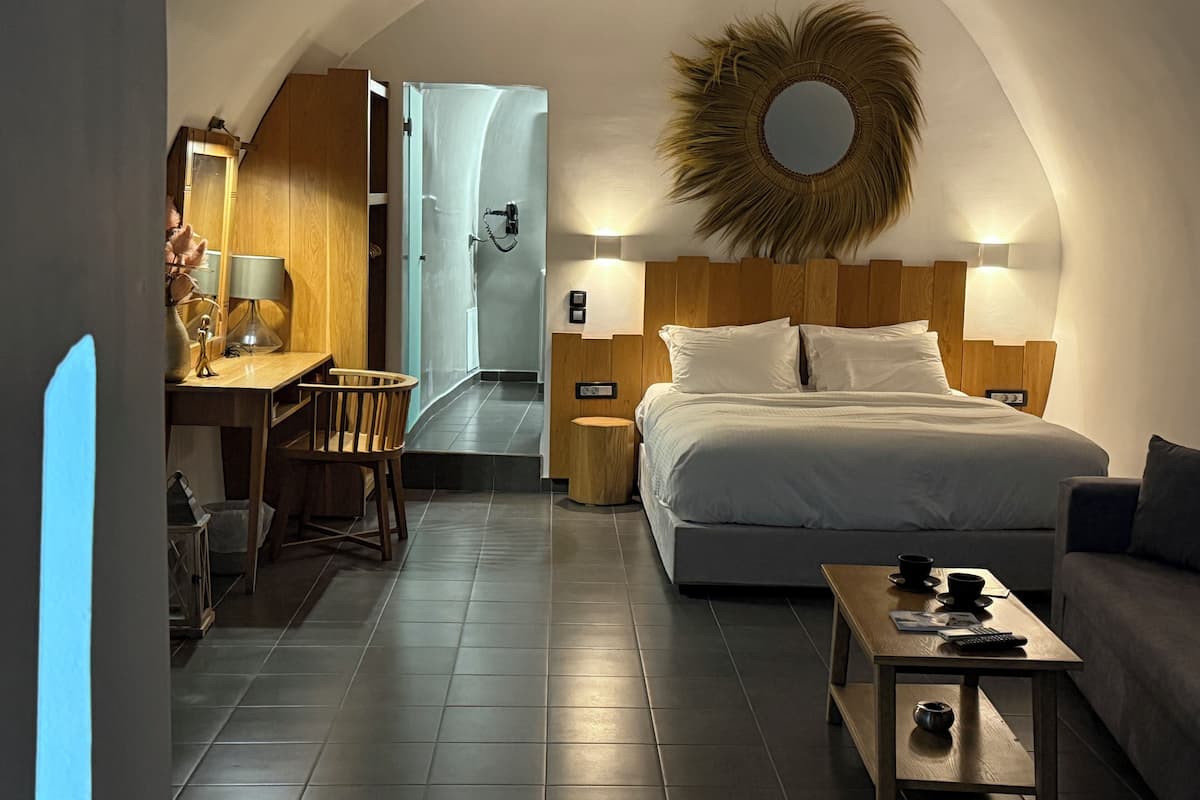 A hotel room with a bed, a desk, a chair, a small table, a sofa, and a shower area.
