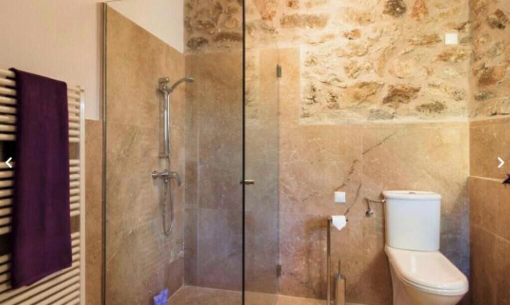 Een badkamer met een douchecabine van glas, een toilet en een stenen muur.