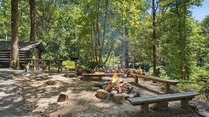En campingplads med et bålsted, picnicborde og en hytte i baggrunden.
