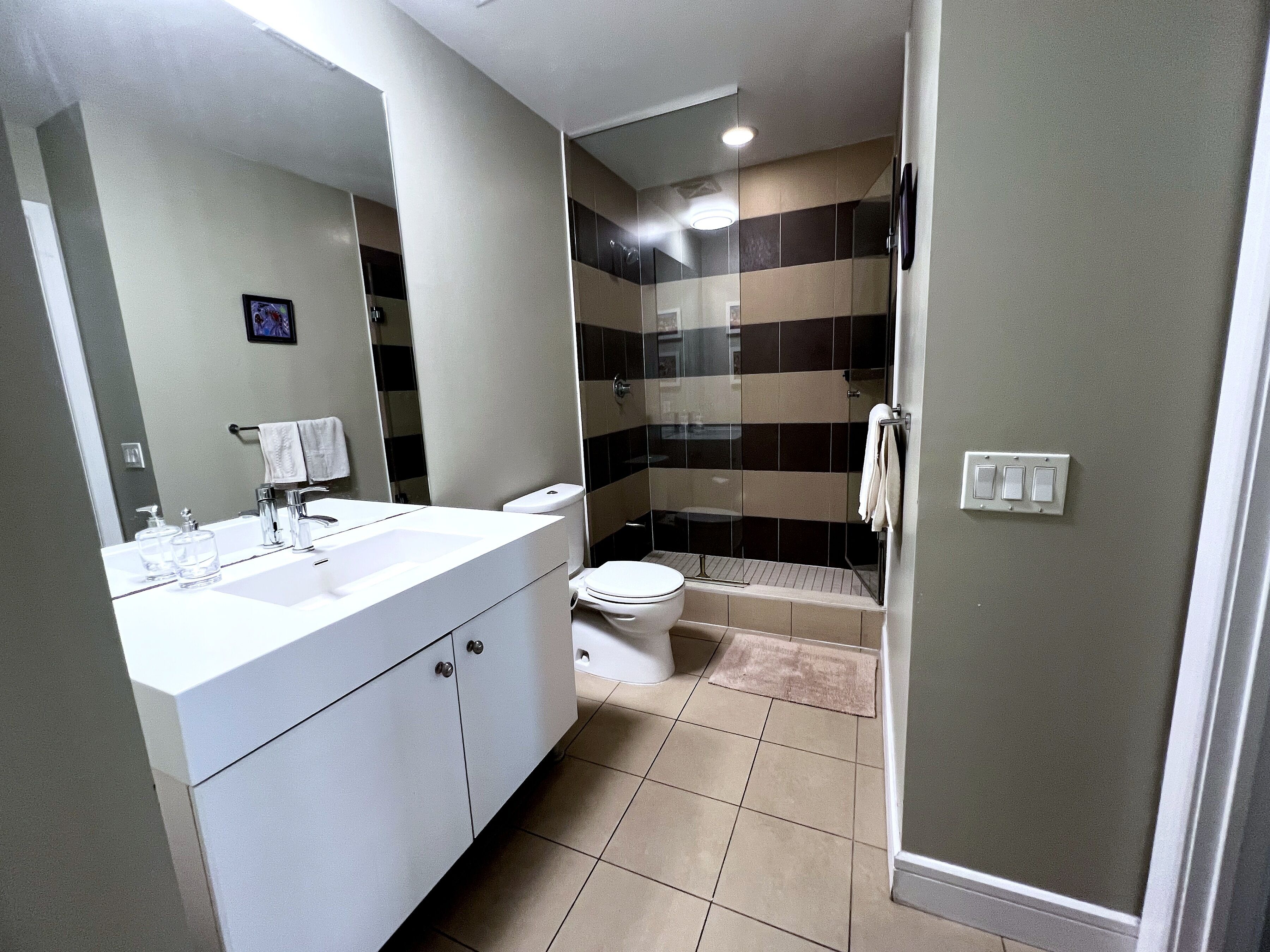 A bathroom with a white vanity, a toilet, a shower with a glass door, and a mirror.