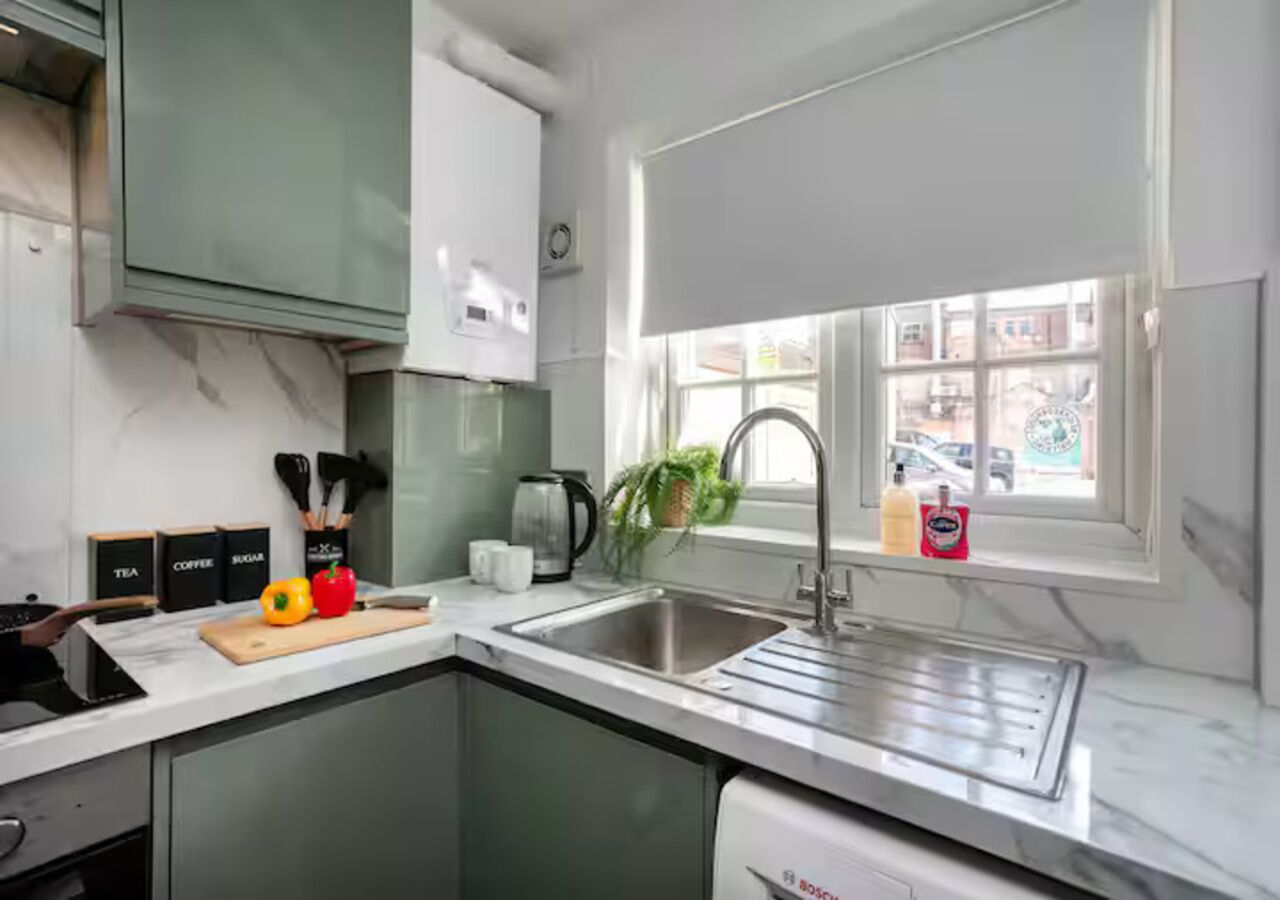 Fridge, microwave, oven, dining tables