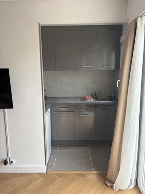 A modern kitchen with grey cabinets, a sink, and a countertop. - Studio terrace Cannes, 10min train station, 15min beaches (Cannes)