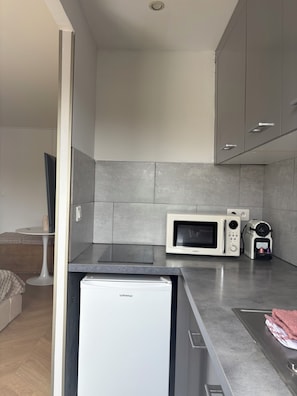 A modern kitchen with grey cabinets, a white refrigerator, a microwave, and a coffee machine. - Studio terrace Cannes, 10min train station, 15min beaches (Cannes)