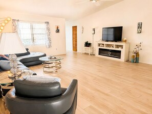 TV connectée, cheminée, livres