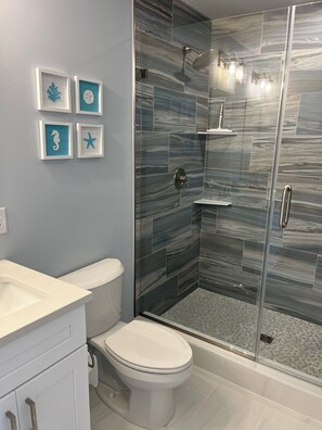 Douche, sèche-cheveux, serviettes fournies, savon