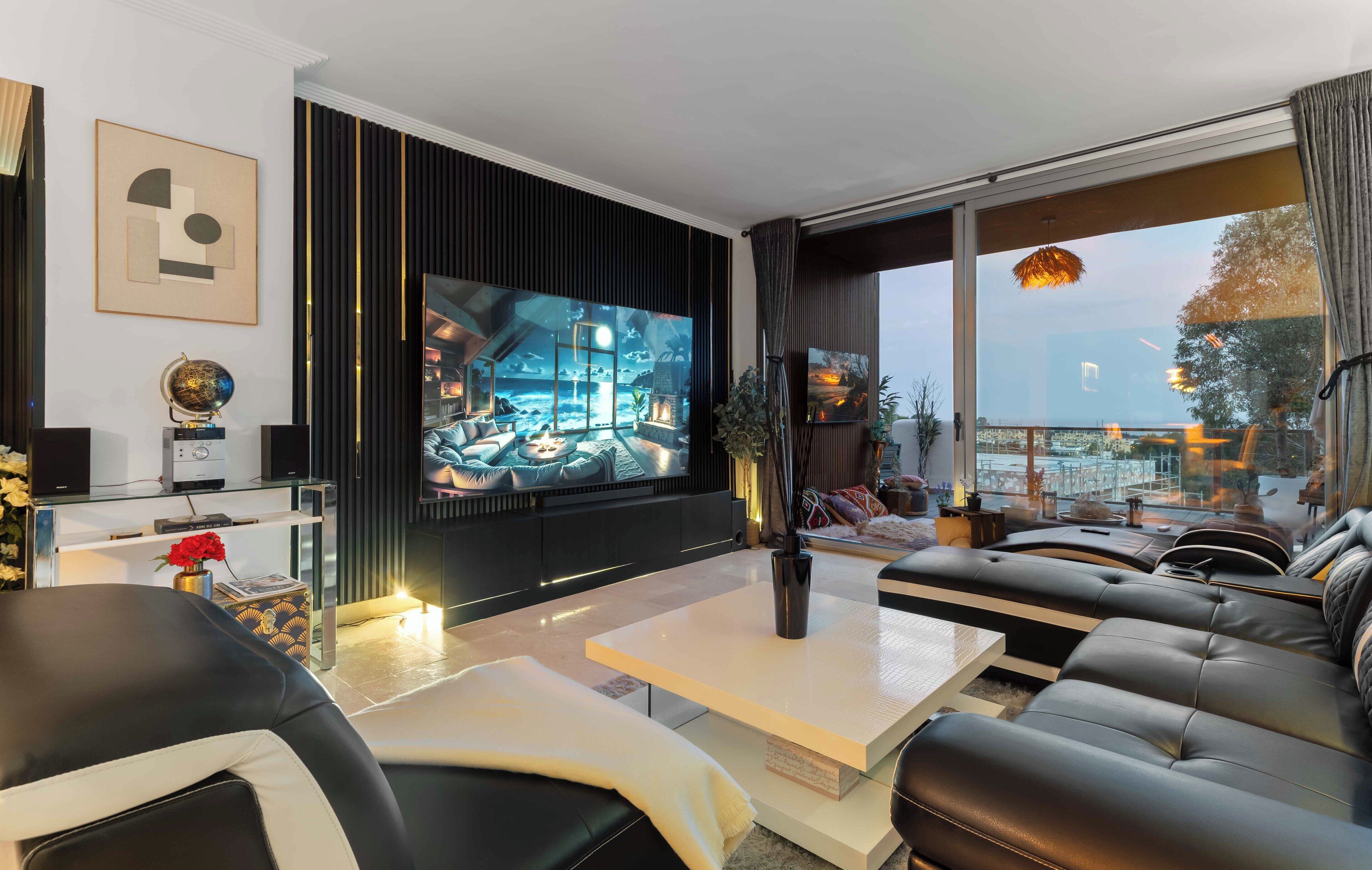 Luxury Apartment, Beach View | Living area | Flat-screen TV, DVD player, computer monitors