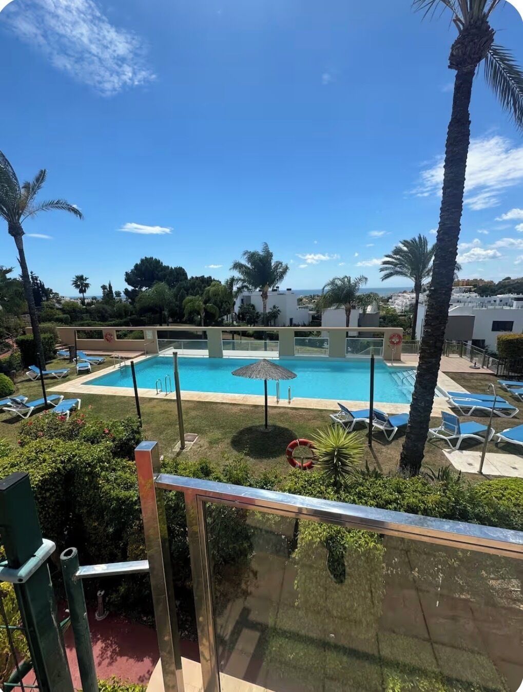 A pool area with lounge chairs and umbrellas, surrounded by palm trees and greenery.