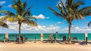A beach with palm trees, a fence, and benches along the shore. - 504 Colony Street (Melbourne Beach)