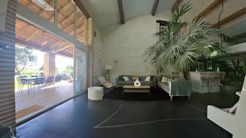 TV connectée, cheminée, lecteur de DVD, table de tennis de table