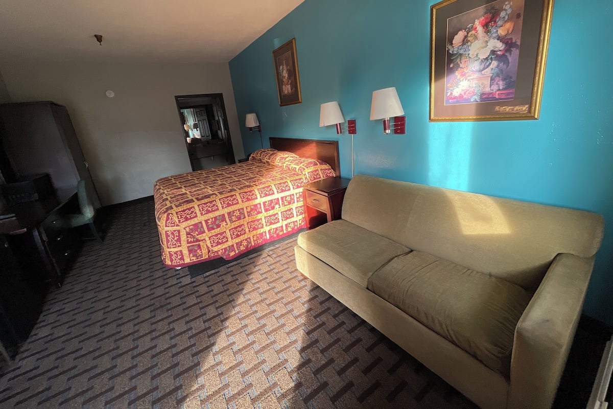 A hotel room with a bed, a sofa, a desk, and a chair.