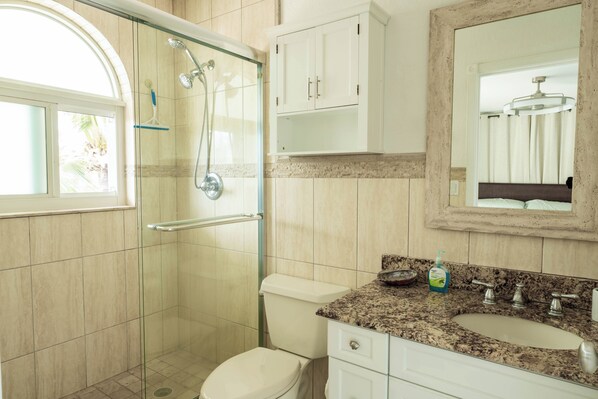 A bathroom with a glass shower enclosure, a toilet, a sink with a granite countertop, and a mirror above the sink.