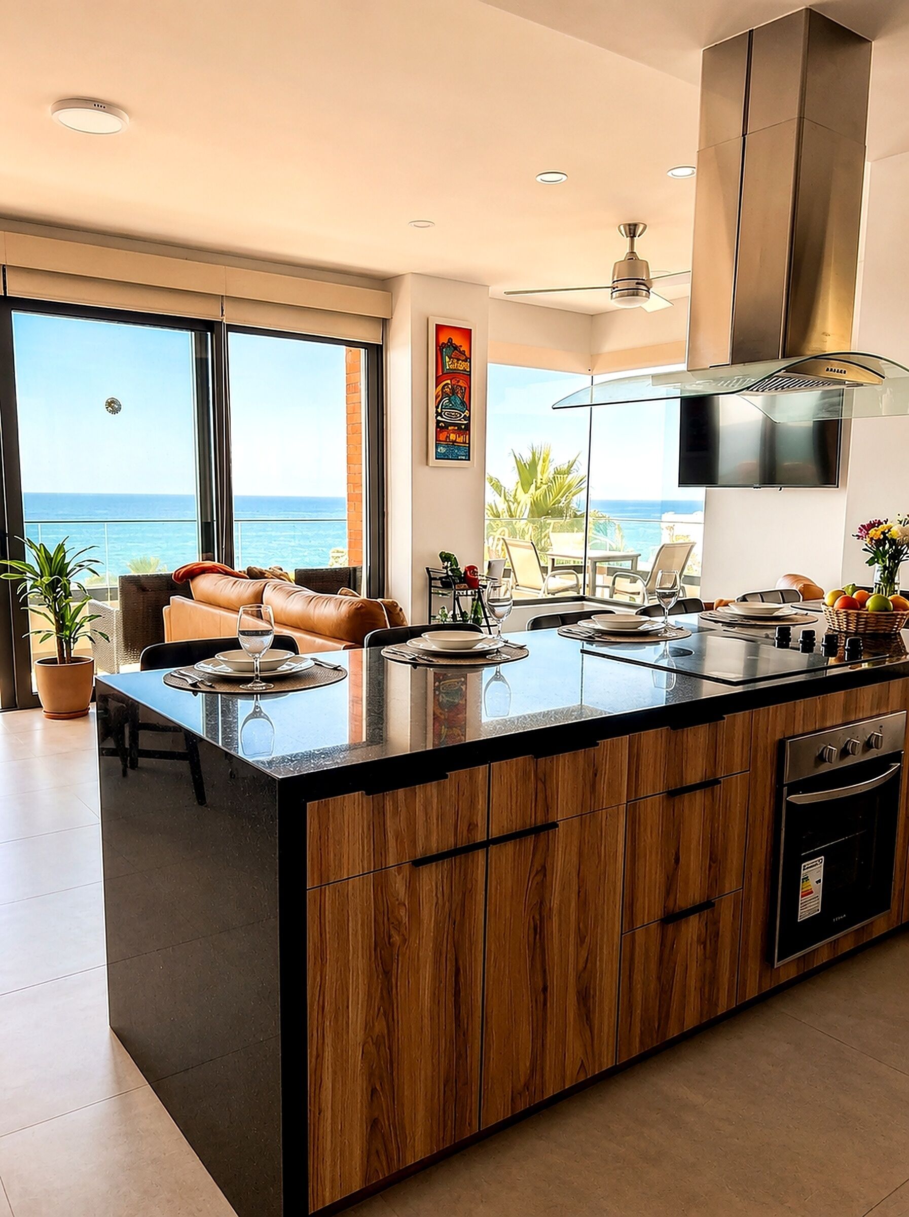 Une cuisine moderne dotée d’un grand îlot central, d’un coin repas avec vue et d’un ventilateur de plafond.