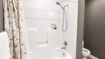 Hair dryer, towels, soap, shampoo