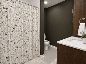 Hair dryer, towels, soap, shampoo