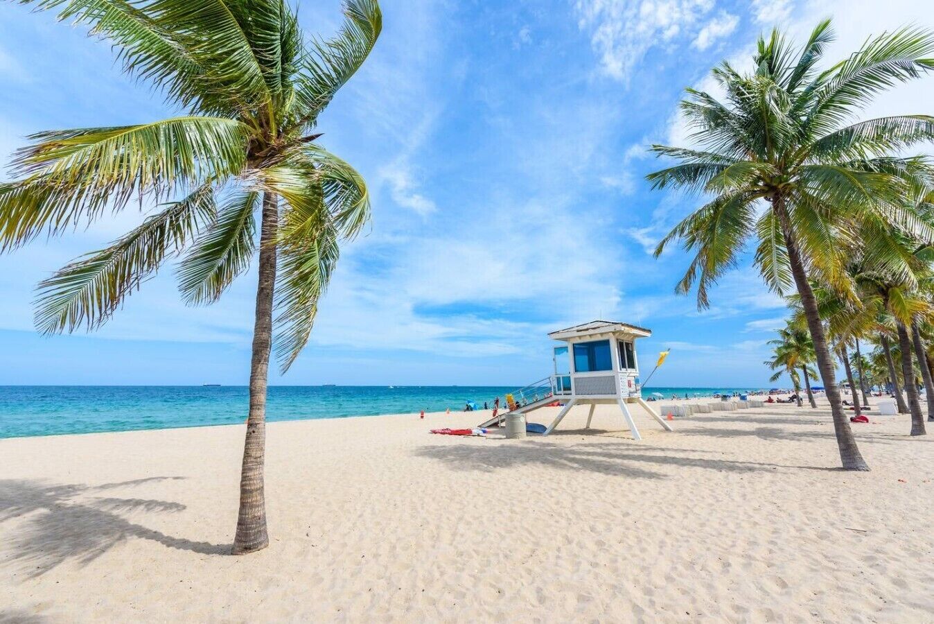 A beach with palm trees, a lifeguard tower, and the ocean.
