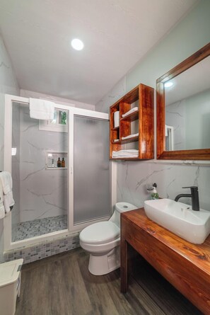 A bathroom with a shower, toilet, sink, and vanity. - Blue Horizon Studios  (Roatan)