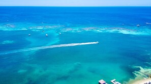 An aerial view of a coastal area with clear turquoise waters, boats, and a jet ski trail. - Blue Horizon Studios  (Roatan)