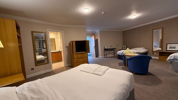 A hotel room with a large bed, a desk, a chair, a TV, and a mirror.