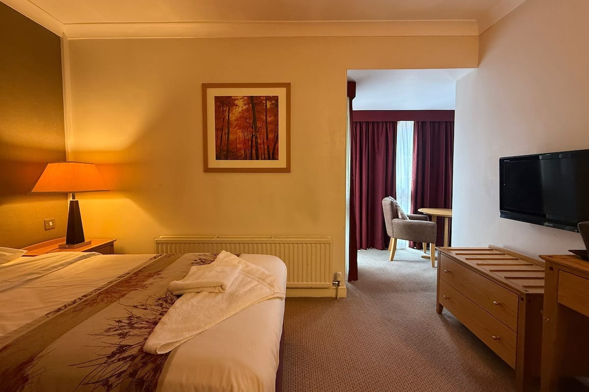 Una habitación de hotel con cama, escritorio, televisor y un cuadro en la pared.